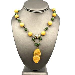 Yellow Jade & Green Nephrite Jade Cloisonne Beaded Carved Foo Dog Necklace 18"